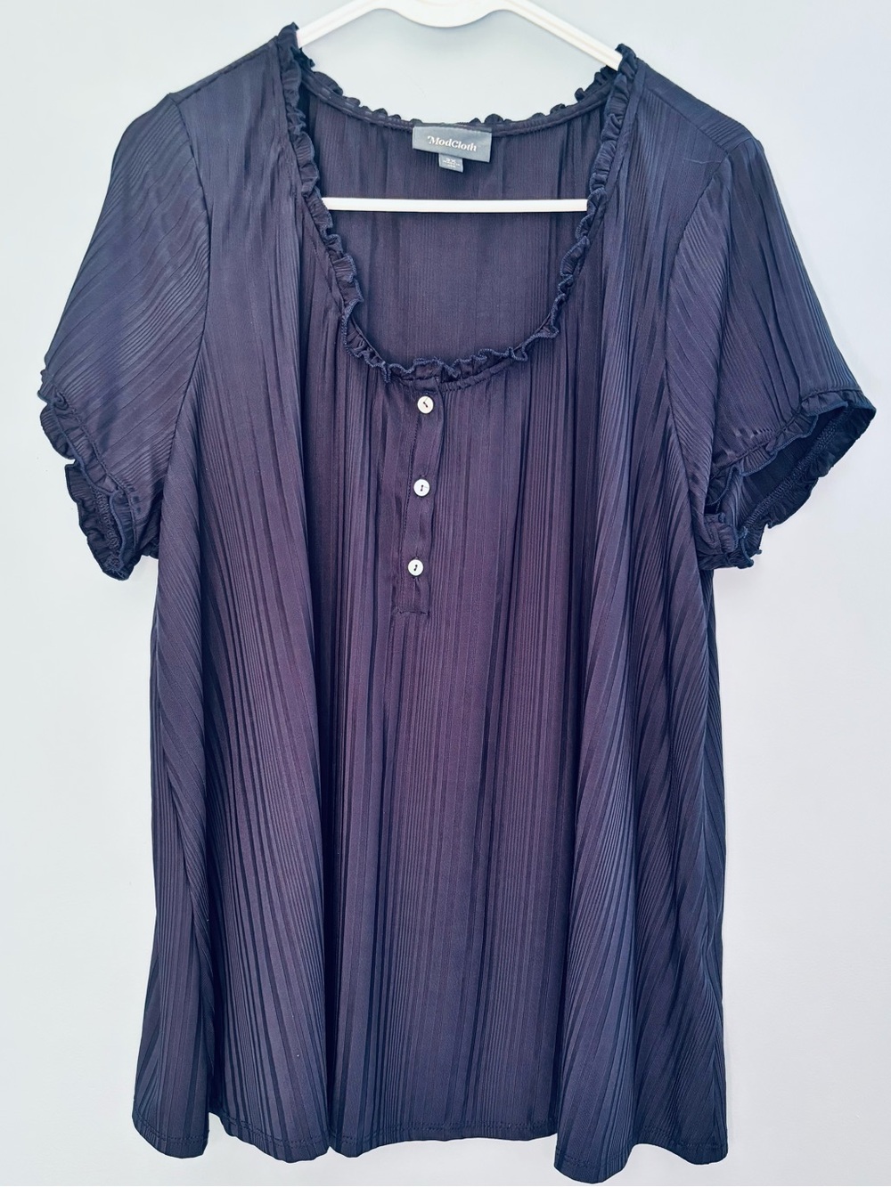 Modcloth Womens Short Sleeve Blouse Size 2X Top Navy Blue Ruffle Ribbed